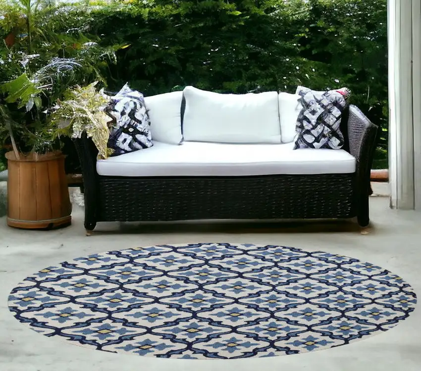 8'  Ivory Blue Hand Hooked Uv Treated Coastal Reef Round Indoor Outdoor Area Rug Photo 2