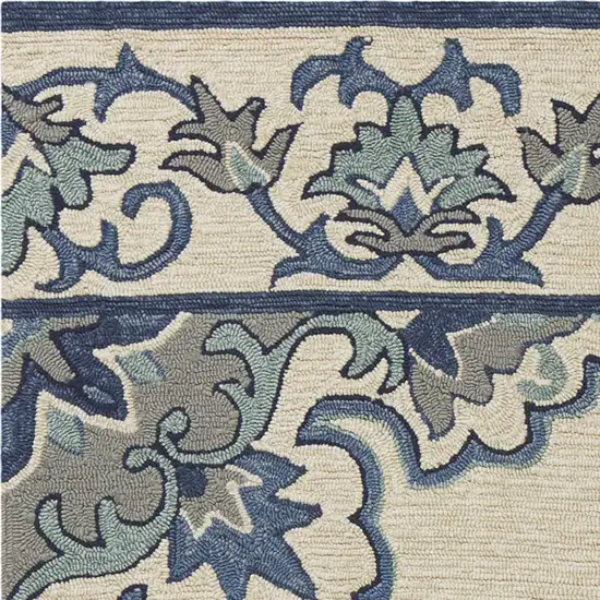 Ivory Blue Hand Hooked UV Treated Floral Medallion Indoor Outdoor Area Rug Photo 2