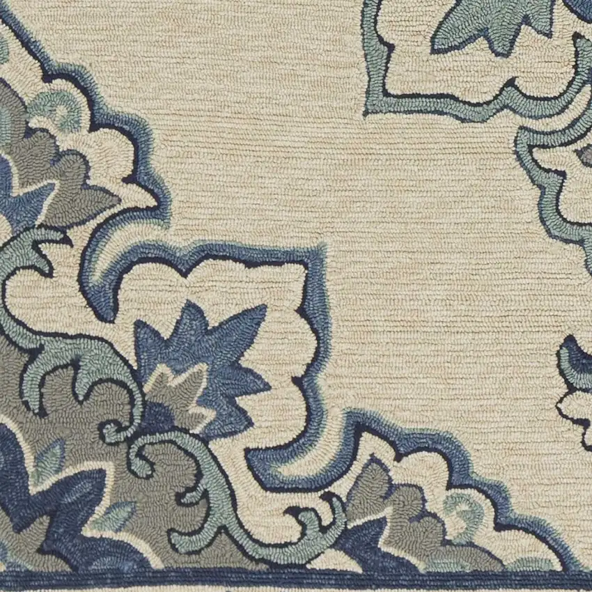 8'X10' Ivory Blue Hand Hooked Uv Treated Floral Medallion Indoor Outdoor Area Rug Photo 4