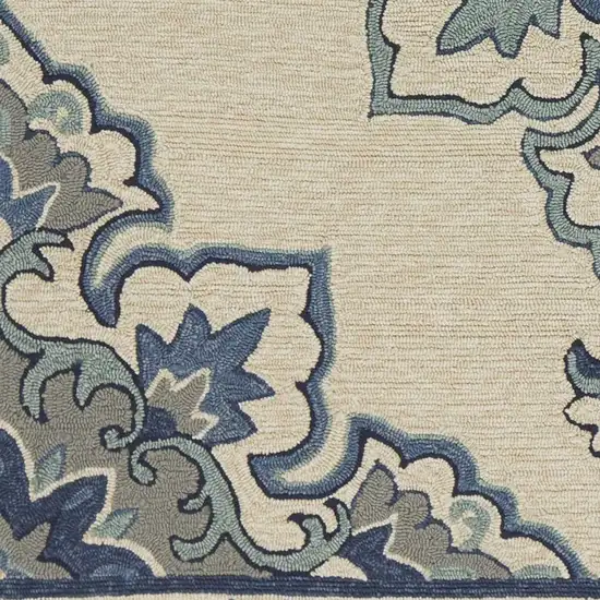 8'X10' Ivory Blue Hand Hooked Uv Treated Floral Medallion Indoor Outdoor Area Rug Photo 4