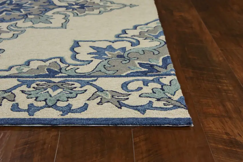 Ivory Blue Hand Hooked UV Treated Floral Medallion Indoor Outdoor Area Rug Photo 5