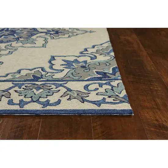 Ivory Blue Hand Hooked UV Treated Floral Medallion Indoor Outdoor Area Rug Photo 5