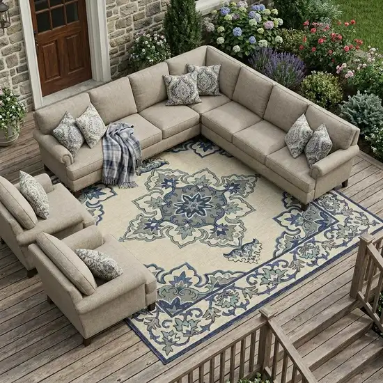 Ivory And Blue Damask Indoor Outdoor Area Rug Photo 1