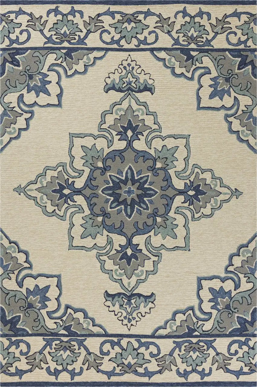 Ivory Blue Hand Hooked UV Treated Floral Medallion Indoor Outdoor Area Rug Photo 1