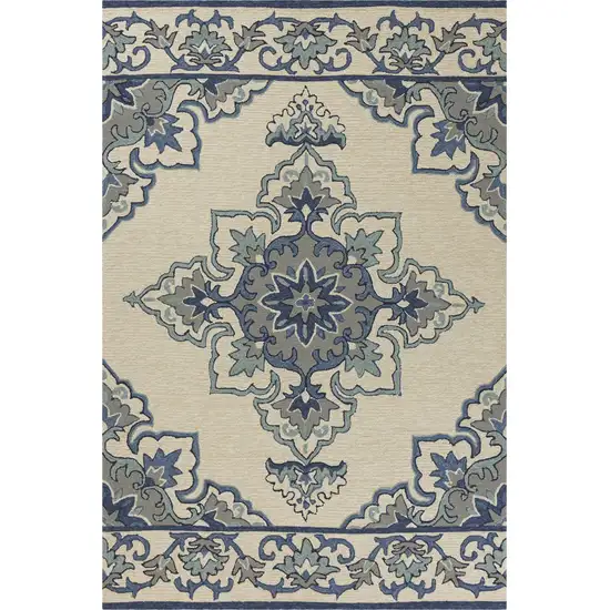 Ivory Blue Hand Hooked UV Treated Floral Medallion Indoor Outdoor Area Rug Photo 1