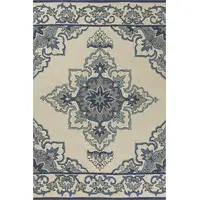 Photo of Ivory Blue Hand Hooked UV Treated Floral Medallion Indoor Outdoor Area Rug