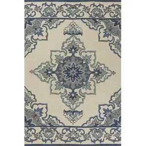 Photo of Ivory Blue Hand Hooked UV Treated Floral Medallion Indoor Outdoor Area Rug