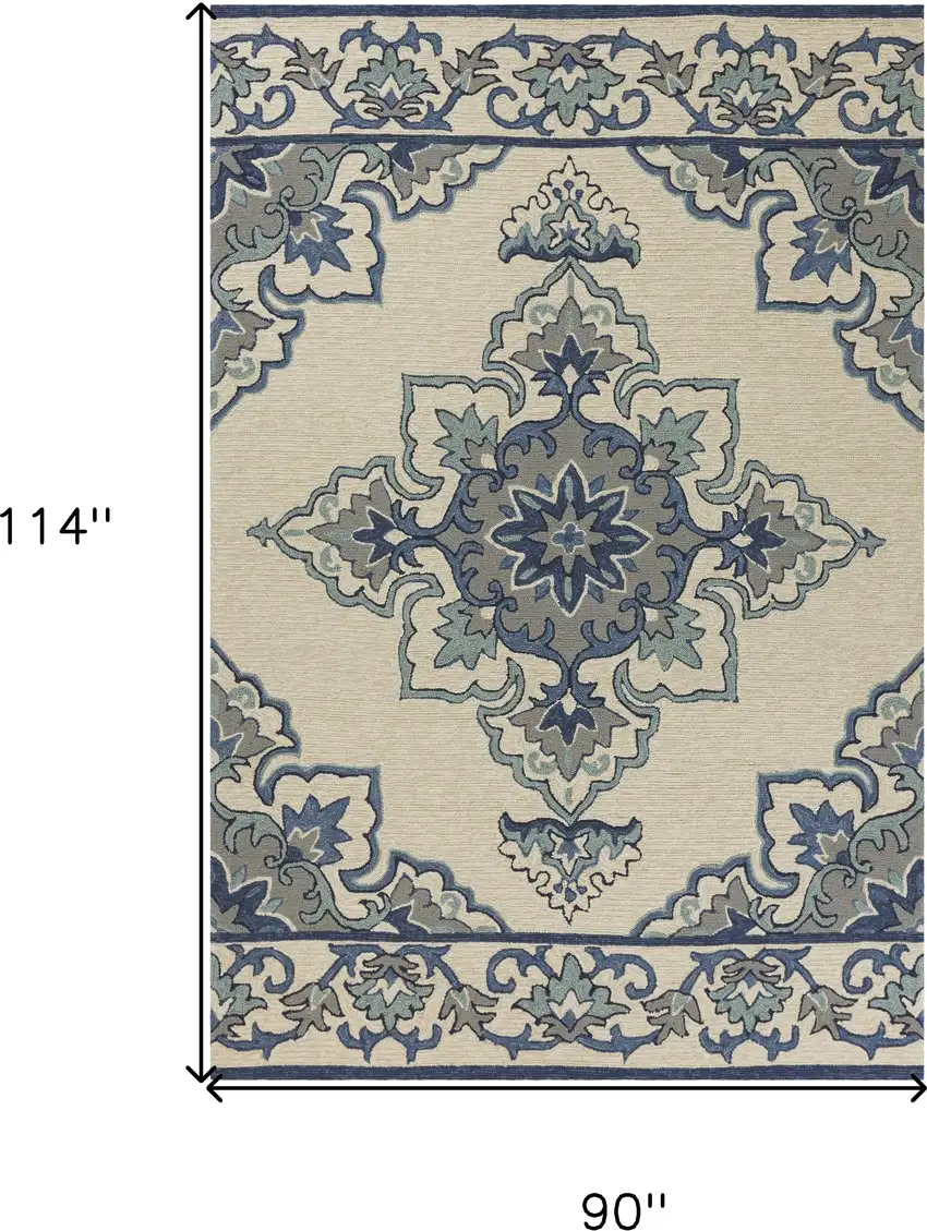 8'X10' Ivory Blue Hand Hooked Uv Treated Floral Medallion Indoor Outdoor Area Rug Photo 7