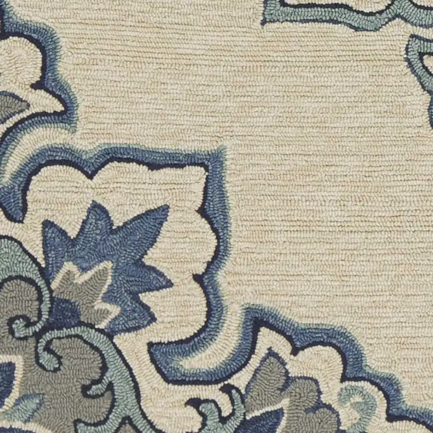 8'X10' Ivory Blue Hand Hooked Uv Treated Floral Medallion Indoor Outdoor Area Rug Photo 3