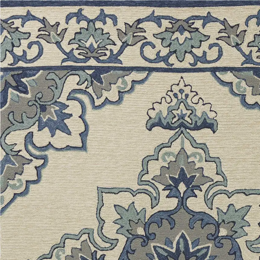 Ivory Blue Hand Hooked UV Treated Floral Medallion Indoor Outdoor Area Rug Photo 3
