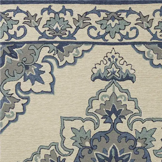 Ivory Blue Hand Hooked UV Treated Floral Medallion Indoor Outdoor Area Rug Photo 3