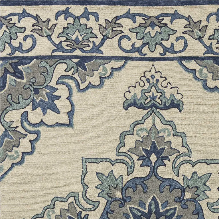 Ivory Blue Hand Hooked UV Treated Floral Medallion Indoor Outdoor Area Rug Photo 3