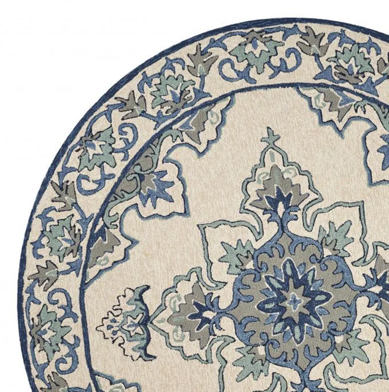 Ivory Blue Hand Hooked UV Treated Floral Medallion Round Indoor Outdoor Area Rug Photo 2