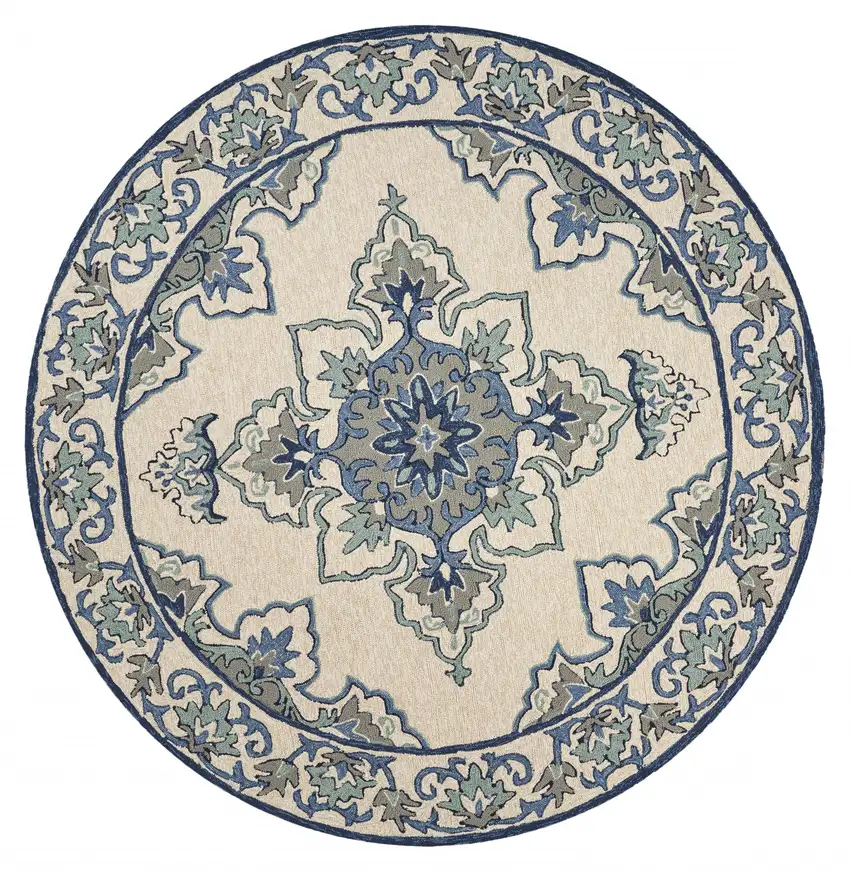 Ivory Blue Hand Hooked UV Treated Floral Medallion Round Indoor Outdoor Area Rug Photo 1