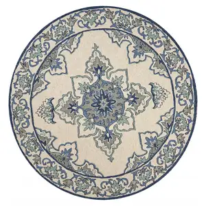 Photo of Ivory Blue Hand Hooked UV Treated Floral Medallion Round Indoor Outdoor Area Rug