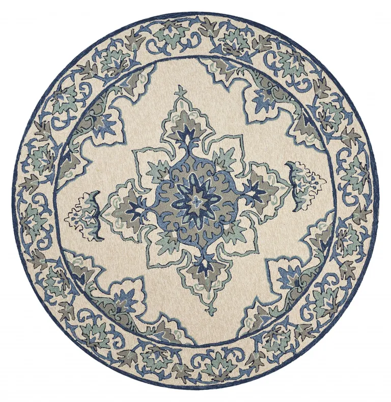 Ivory Blue Hand Hooked UV Treated Floral Medallion Round Indoor Outdoor Area Rug Photo 1