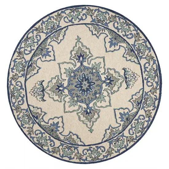 Ivory Blue Hand Hooked UV Treated Floral Medallion Round Indoor Outdoor Area Rug Photo 1