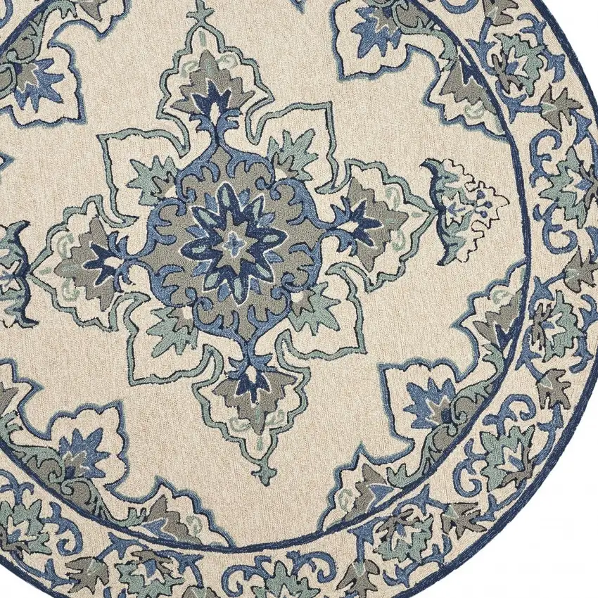 8' Ivory Blue Hand Hooked Uv Treated Floral Medallion Round Indoor Outdoor Area Rug Photo 6
