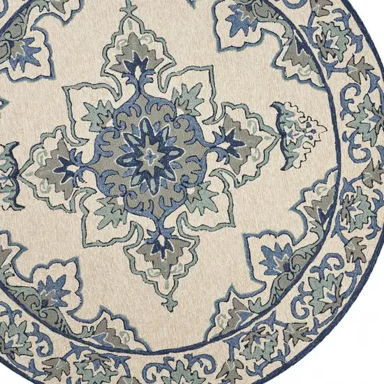 8' Ivory Blue Hand Hooked Uv Treated Floral Medallion Round Indoor Outdoor Area Rug Photo 6