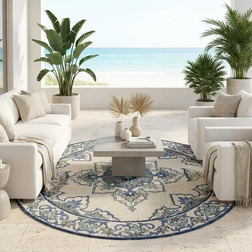 Gray and Ivory Round Damask Handmade Indoor Outdoor Area Rug Photo 1