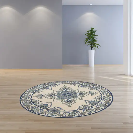 Ivory Blue Hand Hooked UV Treated Floral Medallion Round Indoor Outdoor Area Rug Photo 4