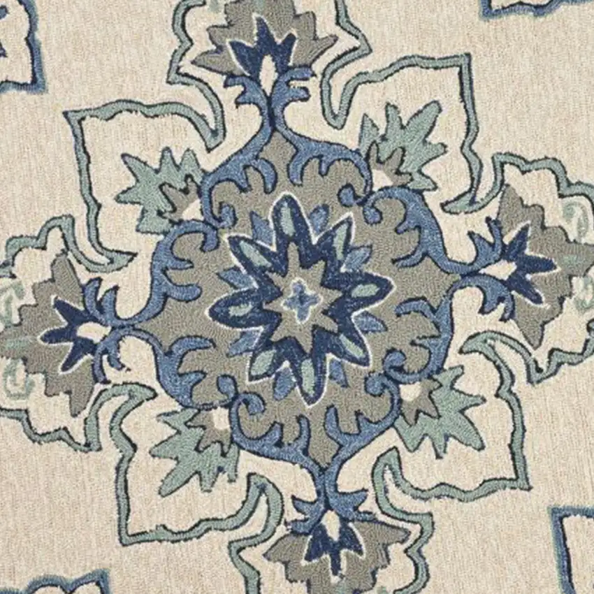 Ivory Blue Hand Hooked UV Treated Floral Medallion Round Indoor Outdoor Area Rug Photo 3