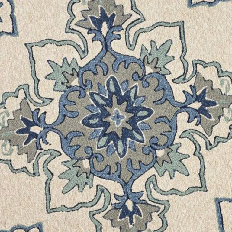 Ivory Blue Hand Hooked UV Treated Floral Medallion Round Indoor Outdoor Area Rug Photo 3