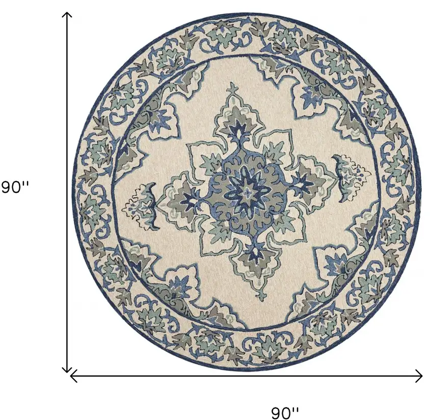 8' Ivory Blue Hand Hooked Uv Treated Floral Medallion Round Indoor Outdoor Area Rug Photo 3