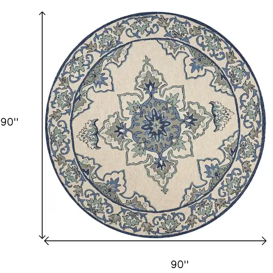 8' Ivory Blue Hand Hooked Uv Treated Floral Medallion Round Indoor Outdoor Area Rug Photo 3