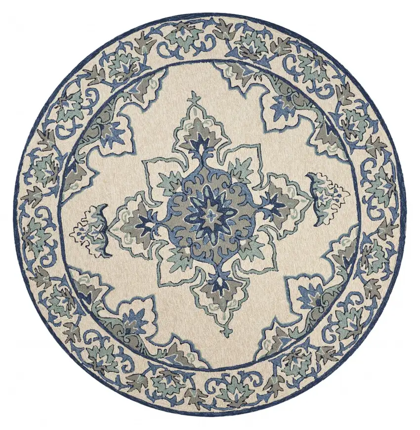 8' Ivory Blue Hand Hooked Uv Treated Floral Medallion Round Indoor Outdoor Area Rug Photo 2