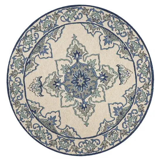 8' Ivory Blue Hand Hooked Uv Treated Floral Medallion Round Indoor Outdoor Area Rug Photo 2
