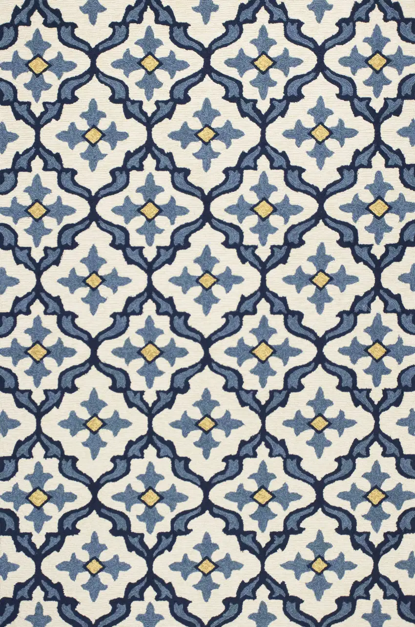 Ivory Blue Hand Hooked UV Treated Quatrefoil Indoor Outdoor Accent Rug Photo 1