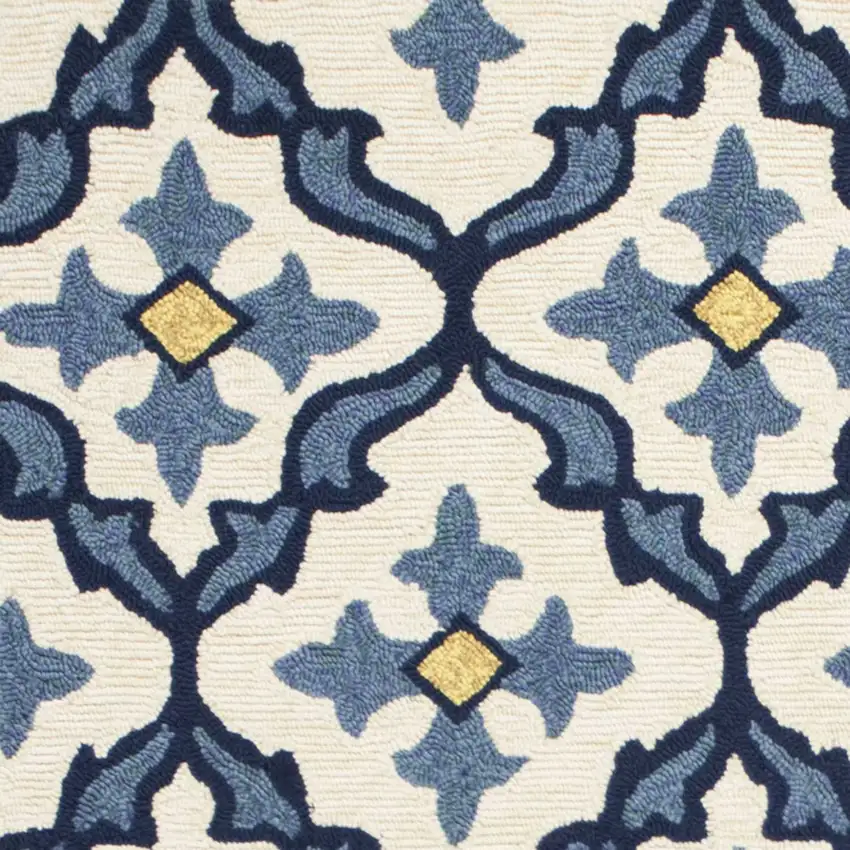 Ivory Blue Hand Hooked UV Treated Quatrefoil Indoor Outdoor Area Rug Photo 2