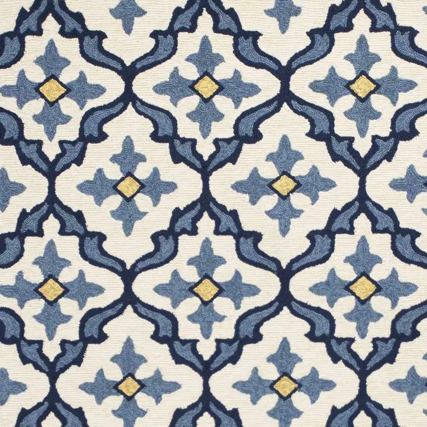Ivory Blue Hand Hooked UV Treated Quatrefoil Indoor Outdoor Area Rug Photo 3