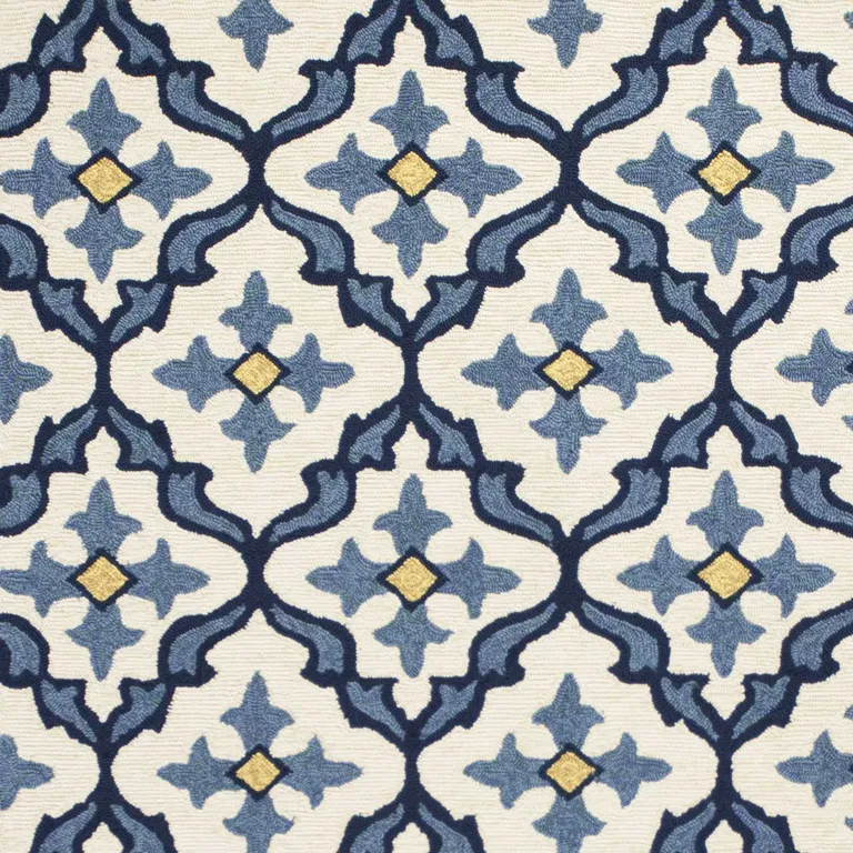 Ivory Blue Hand Hooked UV Treated Quatrefoil Indoor Outdoor Area Rug Photo 3