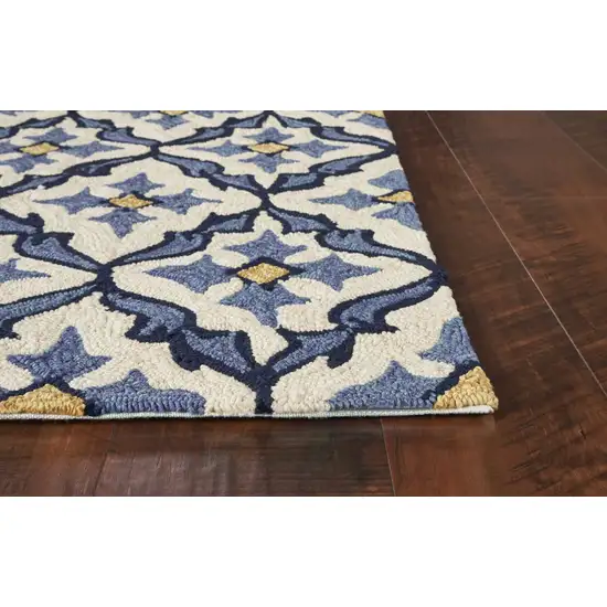 Ivory Blue Hand Hooked UV Treated Quatrefoil Indoor Outdoor Area Rug Photo 4