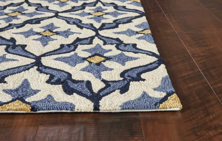Ivory Blue Hand Hooked UV Treated Quatrefoil Indoor Outdoor Area Rug Photo 4