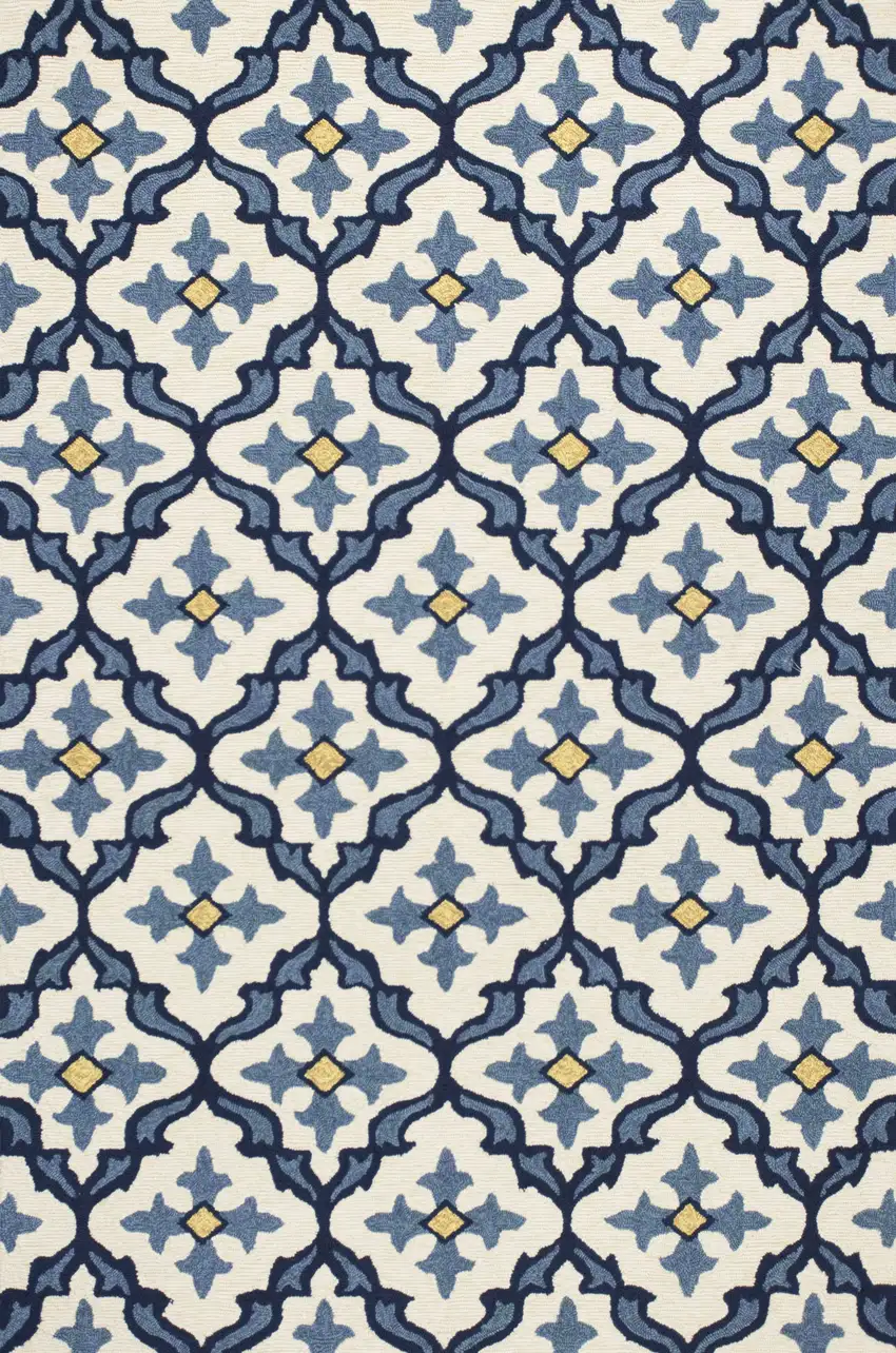 Ivory Blue Hand Hooked UV Treated Quatrefoil Indoor Outdoor Area Rug Photo 1