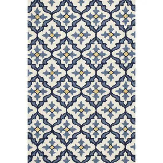Ivory Blue Hand Hooked UV Treated Quatrefoil Indoor Outdoor Area Rug Photo 1