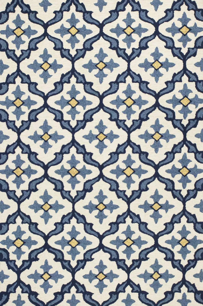 Ivory Blue Hand Hooked UV Treated Quatrefoil Indoor Outdoor Area Rug Photo 1