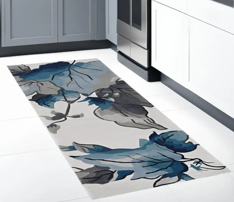 Ivory Blue Hand Tufted Oversized Floral Indoor Runner Rug Photo 2