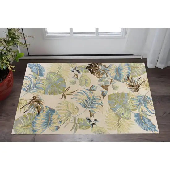 Ivory And Blue Wool Botanical Leaves Hand Tufted Area Rug Photo 2