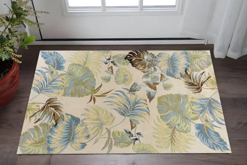 Ivory And Blue Wool Botanical Leaves Hand Tufted Area Rug Photo 2