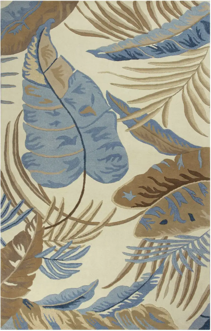 5'X8' Ivory Blue Hand Tufted Tropical Leaves Indoor Area Rug Photo 2