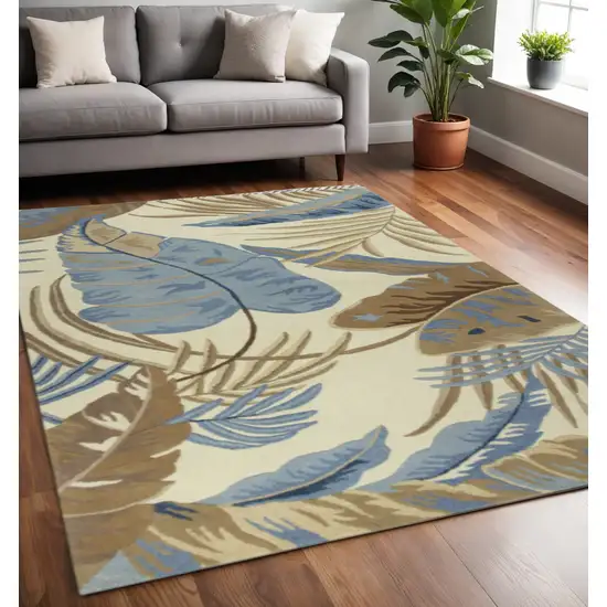 Ivory Blue And Brown Wool Tropical Botanical Hand Tufted Area Rug Photo 1
