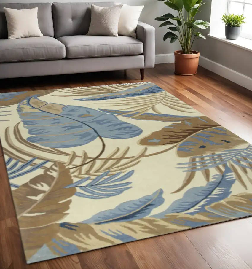 Ivory Blue And Brown Wool Tropical Botanical Hand Tufted Area Rug Photo 1
