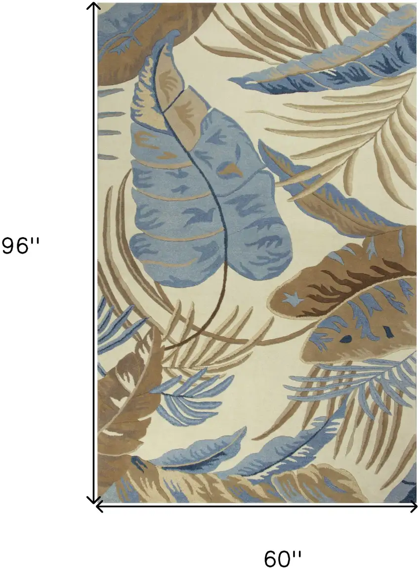 5'X8' Ivory Blue Hand Tufted Tropical Leaves Indoor Area Rug Photo 3