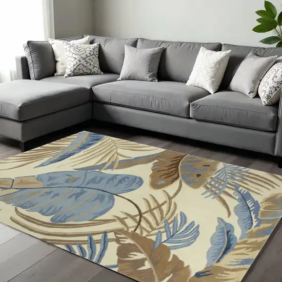 Ivory Blue And Brown Wool Tropical Botanical Hand Tufted Area Rug Photo 1