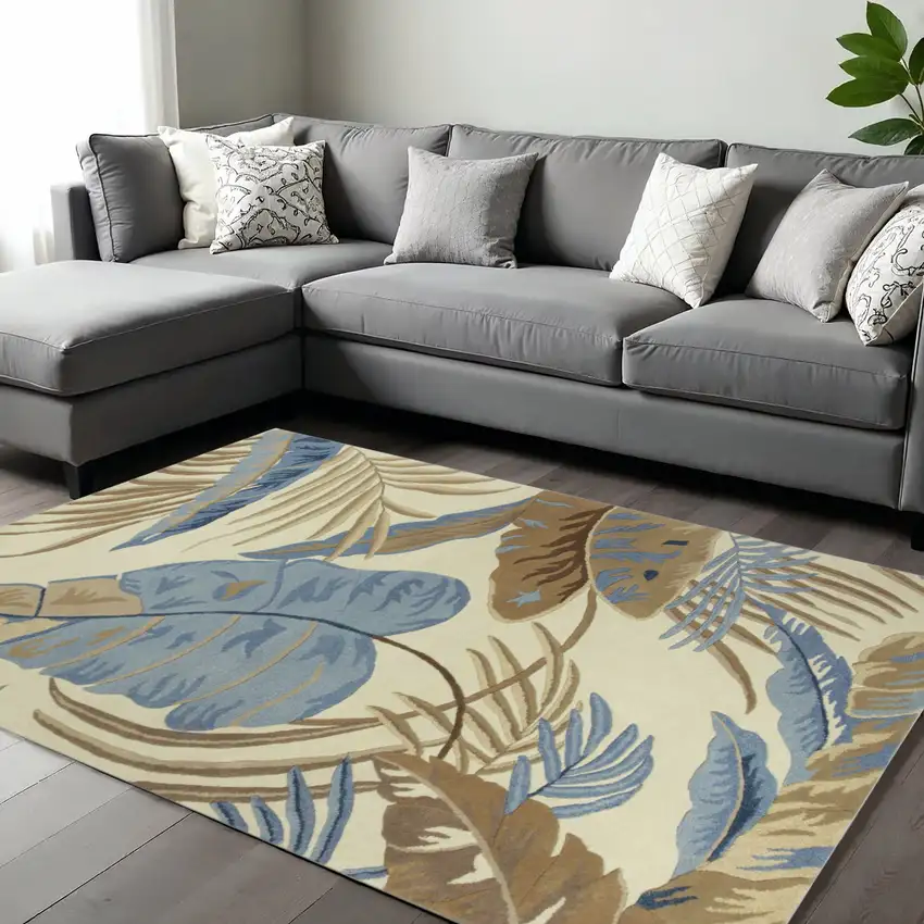 Ivory Blue And Brown Wool Tropical Botanical Hand Tufted Area Rug Photo 1