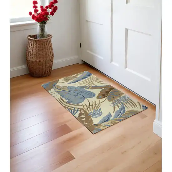 Ivory and Blue Wool Tropical Botanical Hand Tufted Area Rug Photo 2